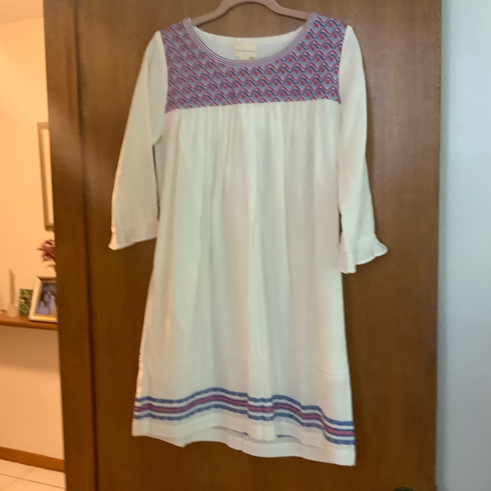 Chic White Midi Dress with Blue and Pink Accents